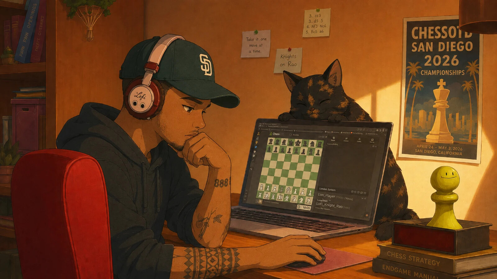Illustrated scene of Arnold Lopez studying chess